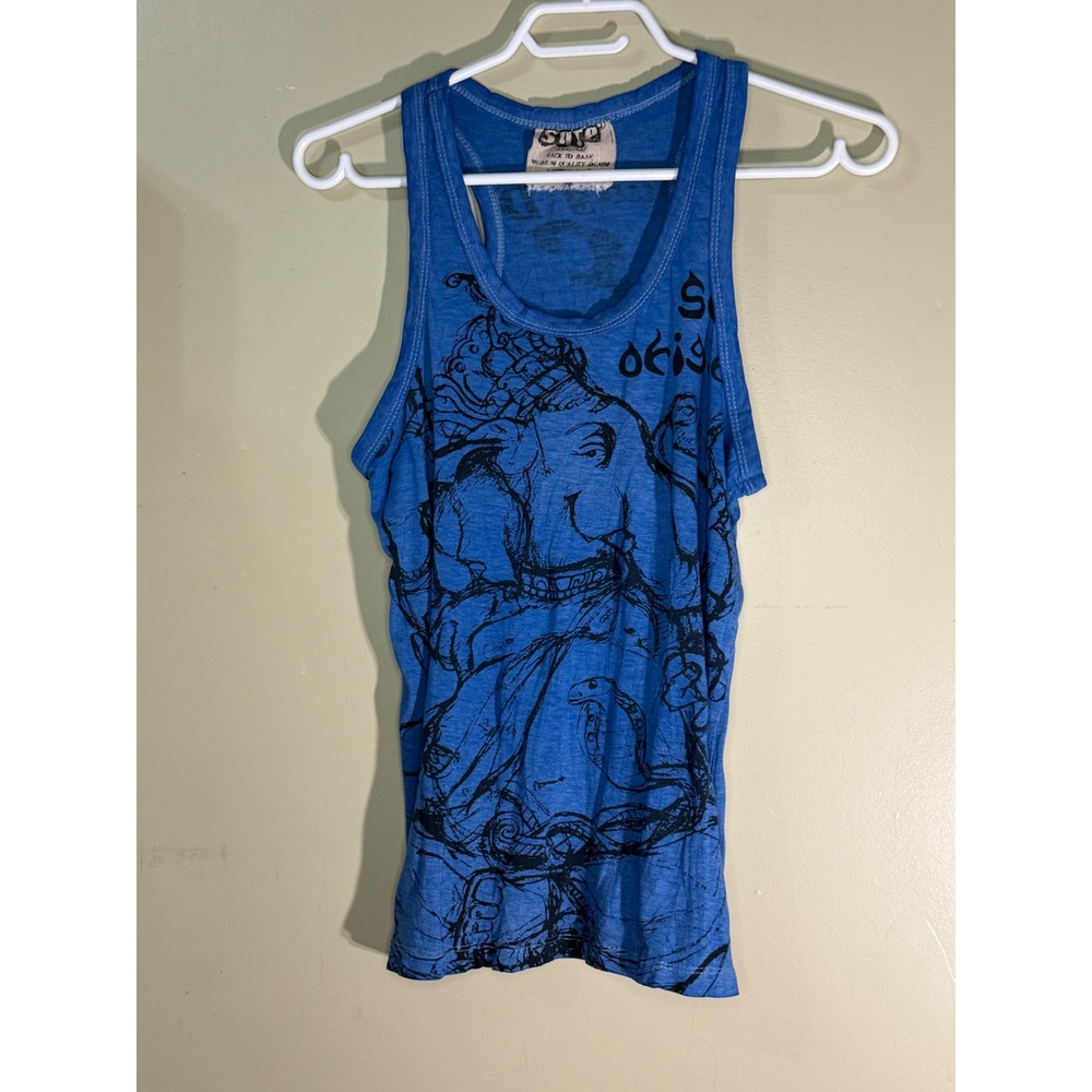 Sure Original Hippie Ganesha Graphic Tank Top Blue Cotton Yoga Festival S